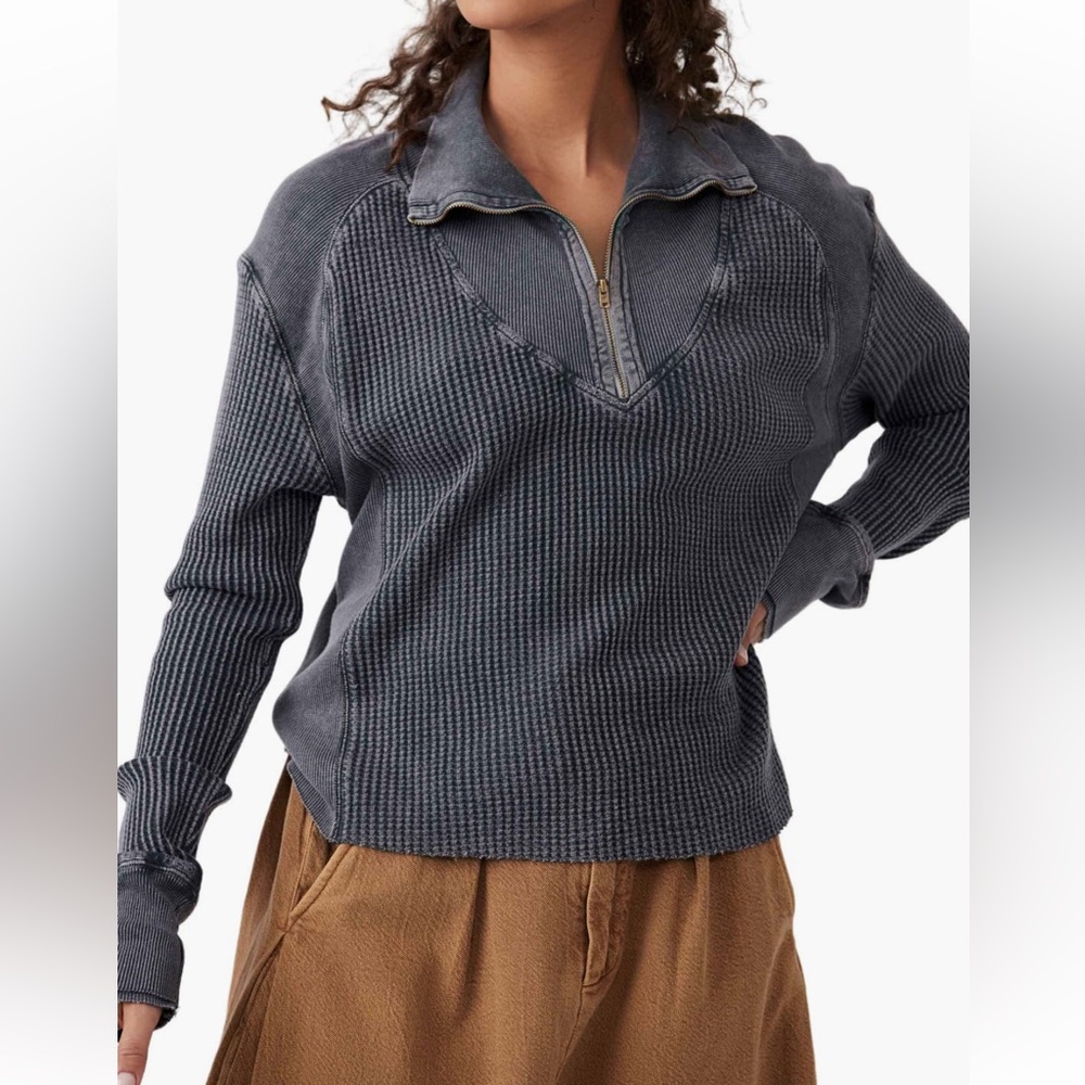 Free People NWT Ashton Half Zip Charcoal Long Sleeve 100% Cotton oversizedTherma